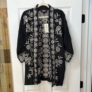 Johnny Was Black Linen Kimono with Cream Floral Embroidery
